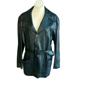 Imperial Men's Vintage Western Black Leather Belted Trench Jacket Coat Size 46